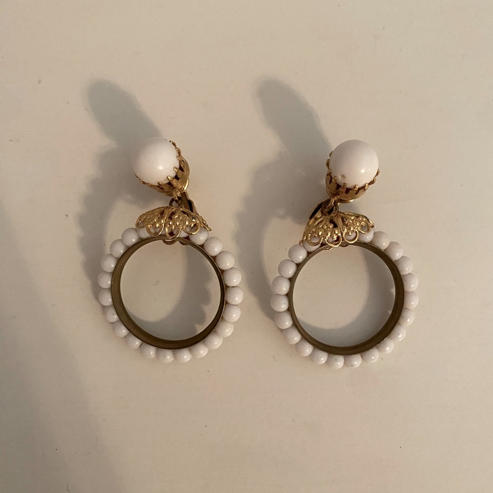 Vintage 1960s White Beaded Hoop Earrings